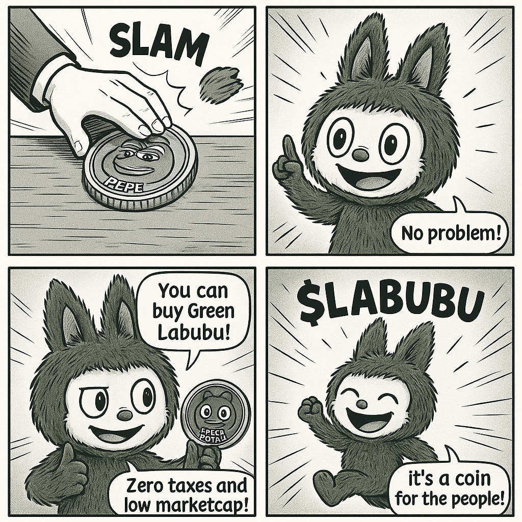 Comic strip showing transition from Pepe to Labubu